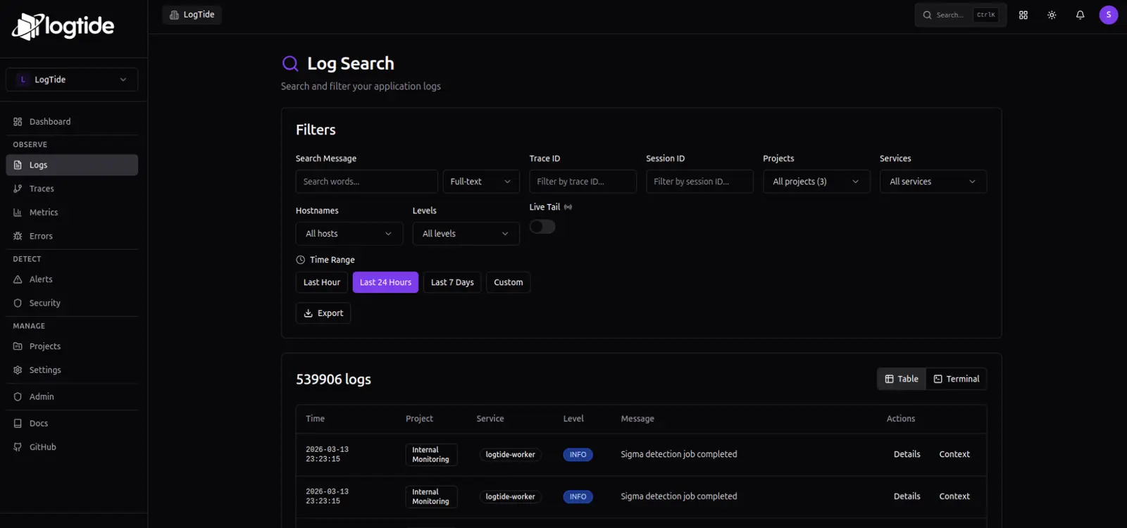 LogTide screenshot 2